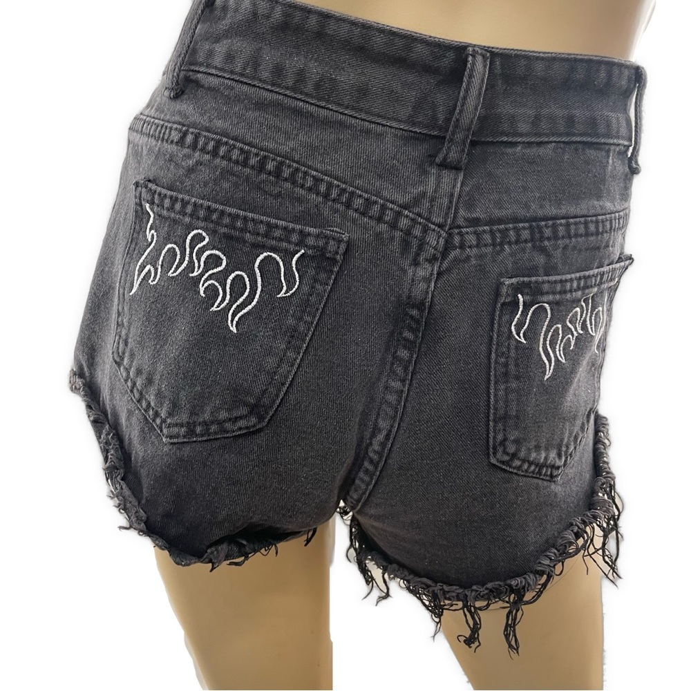 SHEIN- Edgy Black Denim Cutoff Shorts w/ Flame Pocket Embroidery- S